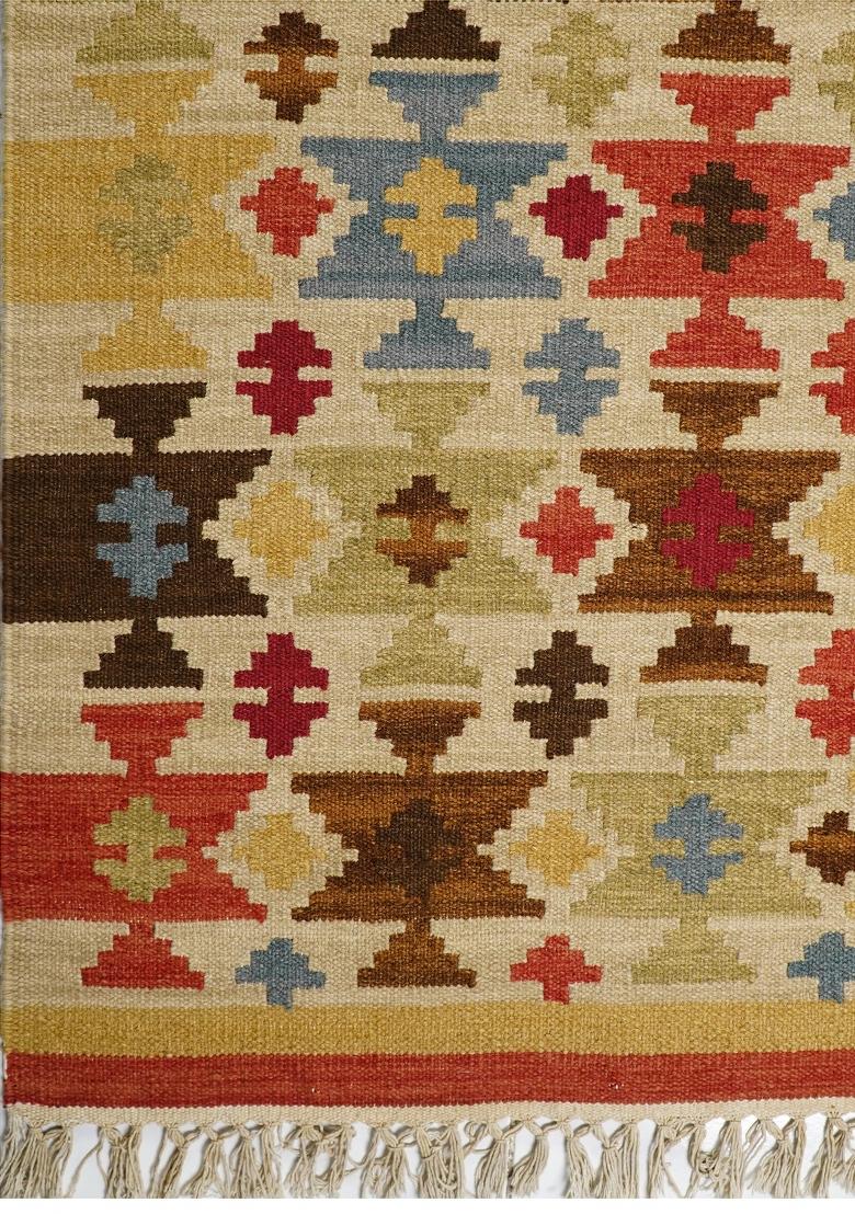 Saffron Rugs Flat Woven Gold Tan Multicolor Geometric Bohemian Rectangular Wool Area Rug - Indya