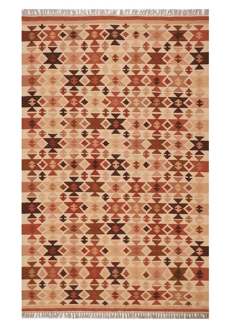 Saffron Rugs Flat Woven Terracotta Rust Geometric Bohemian Rectangular Wool Area Rug - Indya