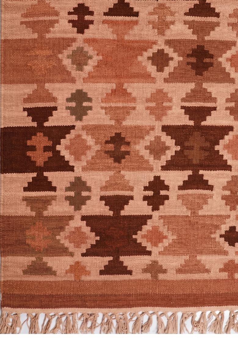 Saffron Rugs Flat Woven Terracotta Rust Geometric Bohemian Rectangular Wool Area Rug - Indya