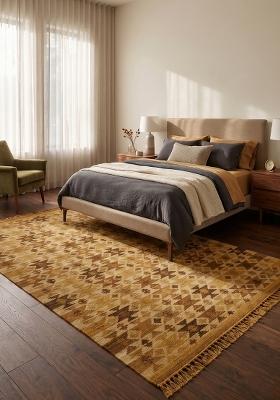 Saffron Rugs Flat Woven Golden Yellow Geometric Bohemian Rectangular Wool Area Rug