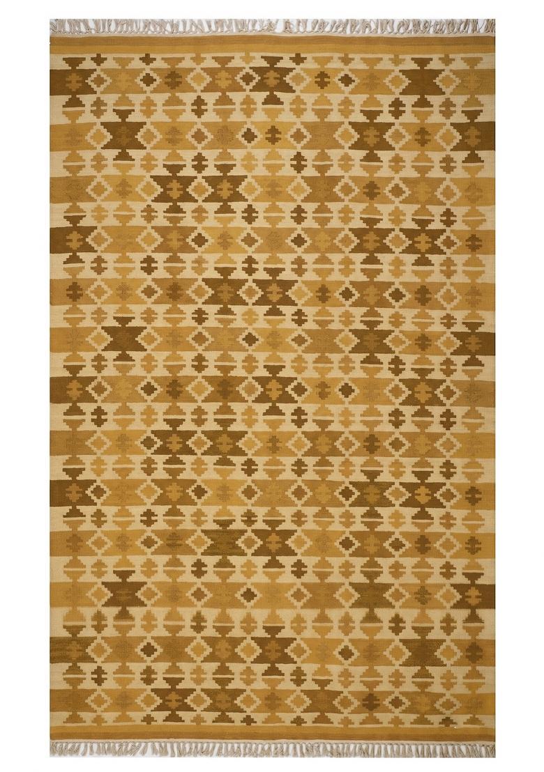 Saffron Rugs Flat Woven Golden Yellow Geometric Bohemian Rectangular Wool Area Rug - Indya