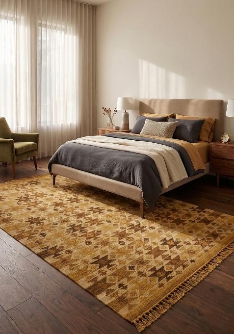 Saffron Rugs Flat Woven Golden Yellow Geometric Bohemian Rectangular Wool Area Rug