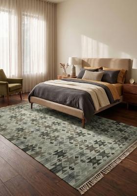 Saffron Rugs Flat Woven Sage Green Geometric Bohemian Rectangular Wool Area Rug