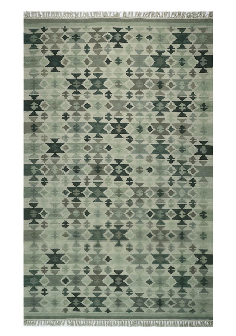 Saffron Rugs Flat Woven Sage Green Geometric Bohemian Rectangular Wool Area Rug - Indya