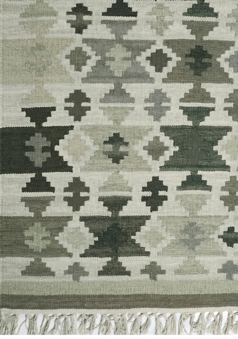 Saffron Rugs Flat Woven Sage Green Geometric Bohemian Rectangular Wool Area Rug - Indya