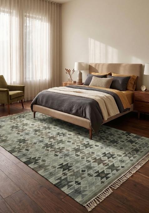 Saffron Rugs Flat Woven Sage Green Geometric Bohemian Rectangular Wool Area Rug