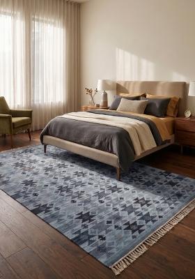 Saffron Rugs Flat Woven Blue Grey Geometric Bohemian Rectangular Wool Area Rug