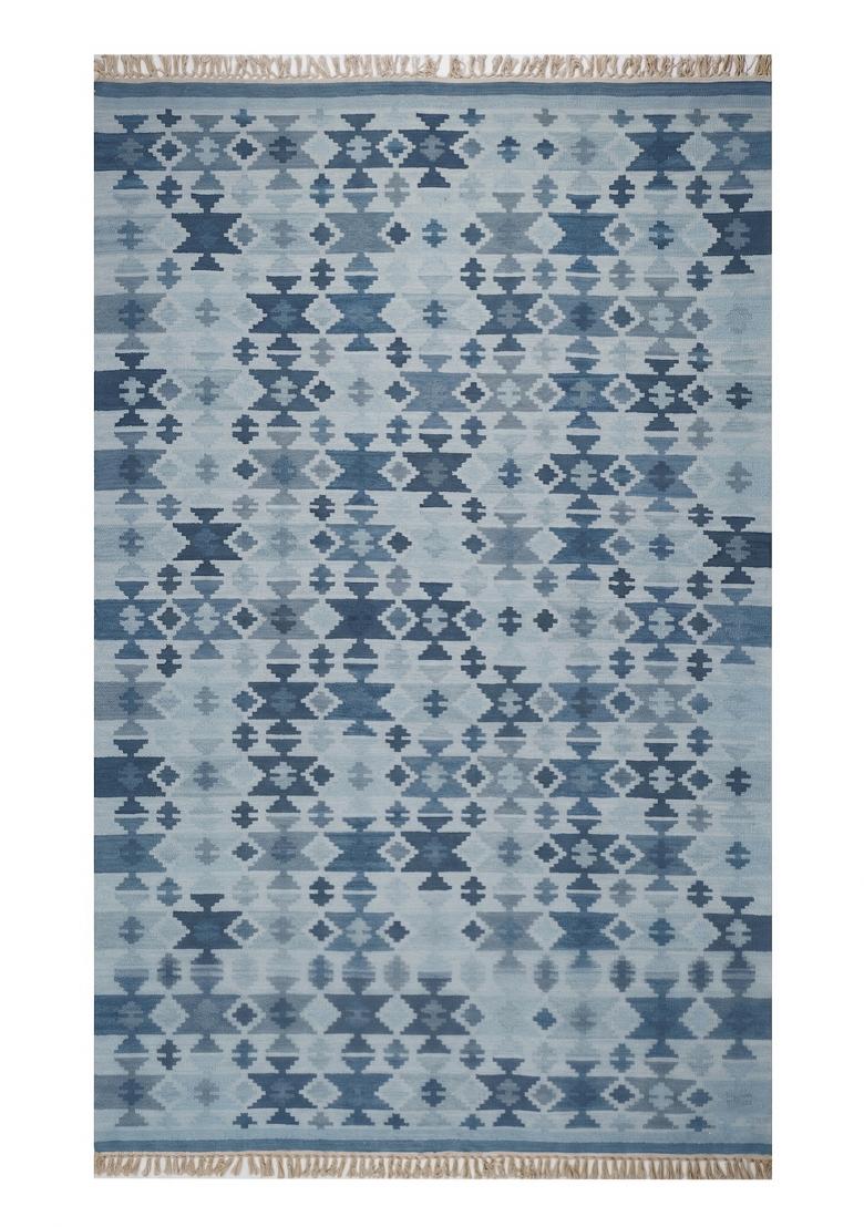 Saffron Rugs Flat Woven Blue Grey Geometric Bohemian Rectangular Wool Area Rug - Indya