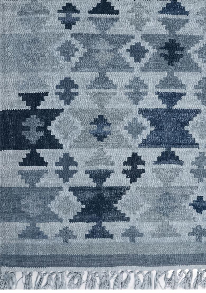 Saffron Rugs Flat Woven Blue Grey Geometric Bohemian Rectangular Wool Area Rug - Indya