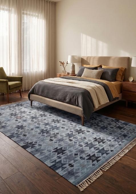 Saffron Rugs Flat Woven Blue Grey Geometric Bohemian Rectangular Wool Area Rug