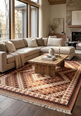 Saffron Rugs Flat Woven Terracotta Brown Geometric Bohemian Rectangular Wool Area Rug