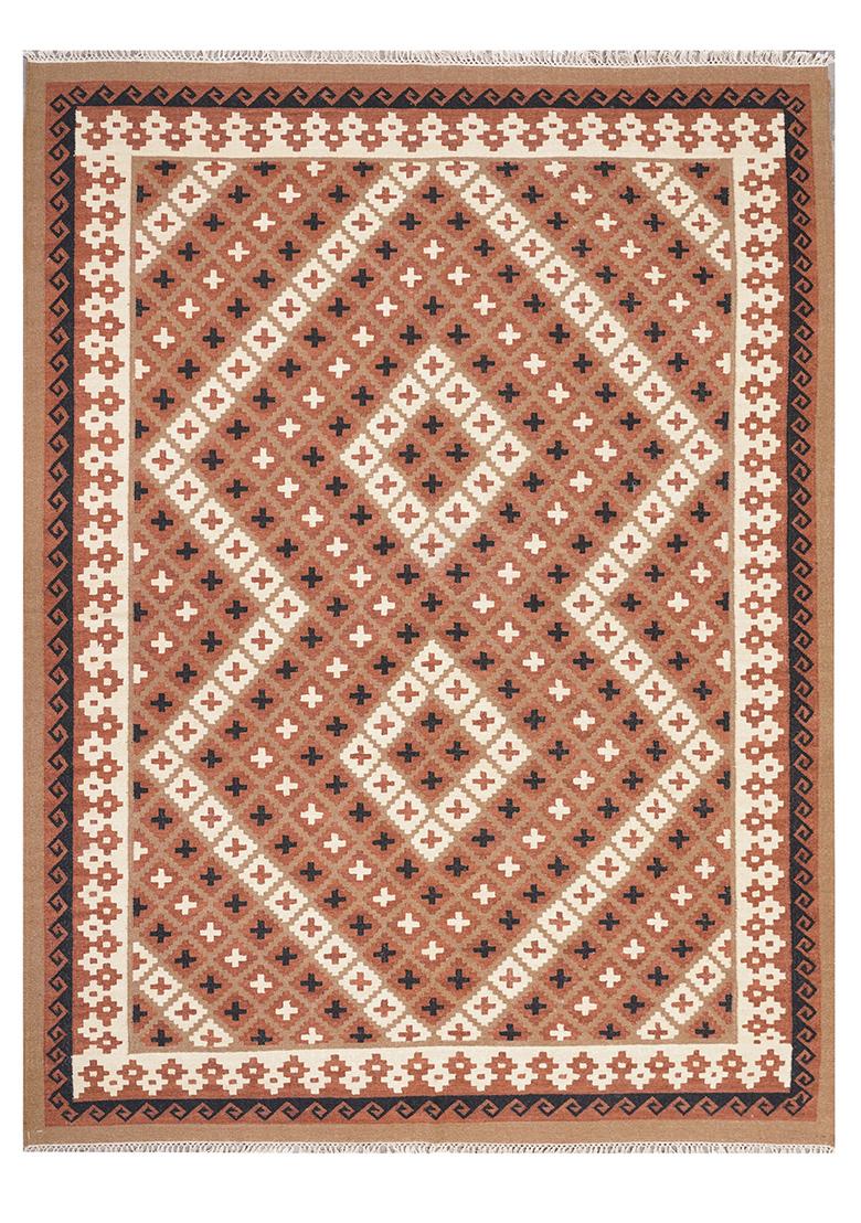 Saffron Rugs Flat Woven Terracotta Brown Geometric Bohemian Rectangular Wool Area Rug - Indya