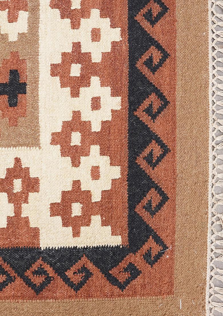 Saffron Rugs Flat Woven Terracotta Brown Geometric Bohemian Rectangular Wool Area Rug - Indya