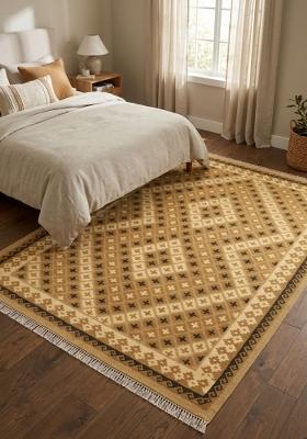 Saffron Rugs Flat Woven Golden Tan Geometric Bohemian Rectangular Wool Area Rug