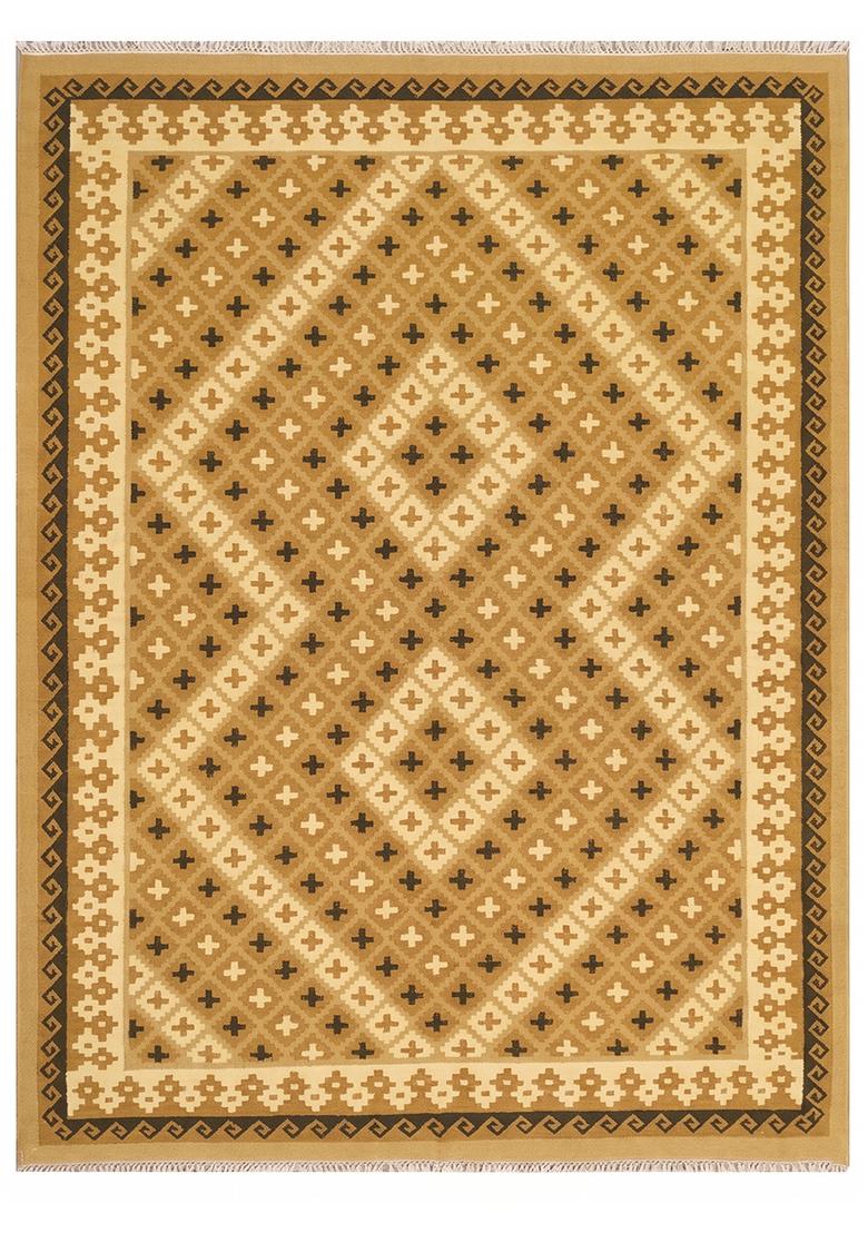 Saffron Rugs Flat Woven Golden Tan Geometric Bohemian Rectangular Wool Area Rug - Indya