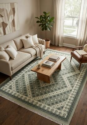 Saffron Rugs Flat Woven Sage Green Geometric Bohemian Rectangular Wool Area Rug