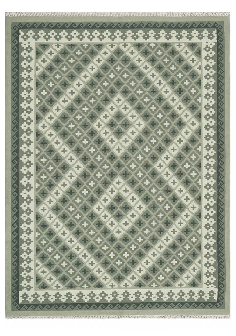 Saffron Rugs Flat Woven Sage Green Geometric Bohemian Rectangular Wool Area Rug - Indya