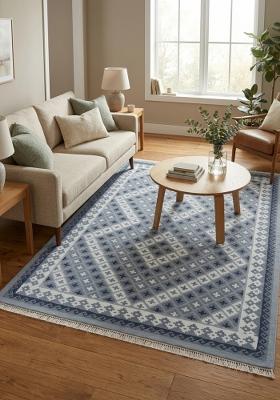 Saffron Rugs Flat Woven Steel Blue Grey Geometric Bohemian Rectangular Wool Area Rug
