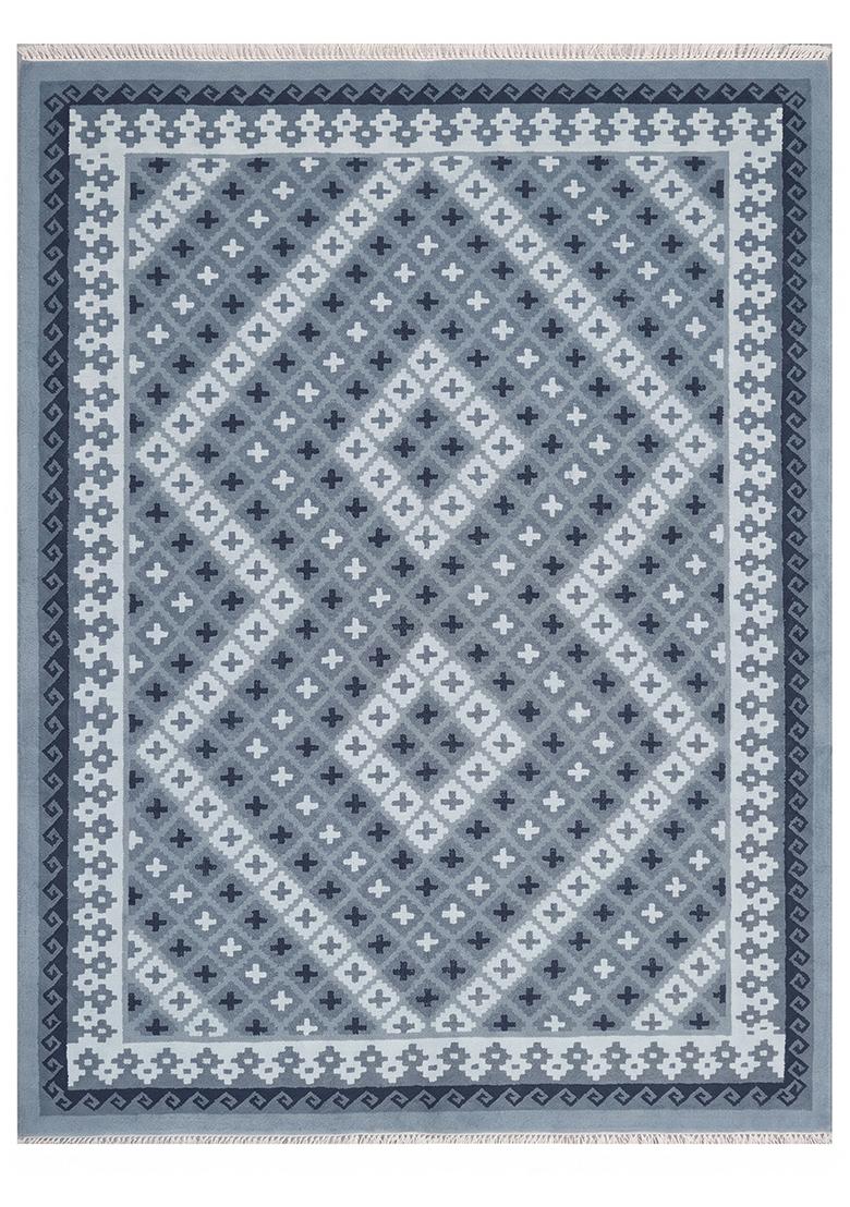 Saffron Rugs Flat Woven Steel Blue Grey Geometric Bohemian Rectangular Wool Area Rug - Indya