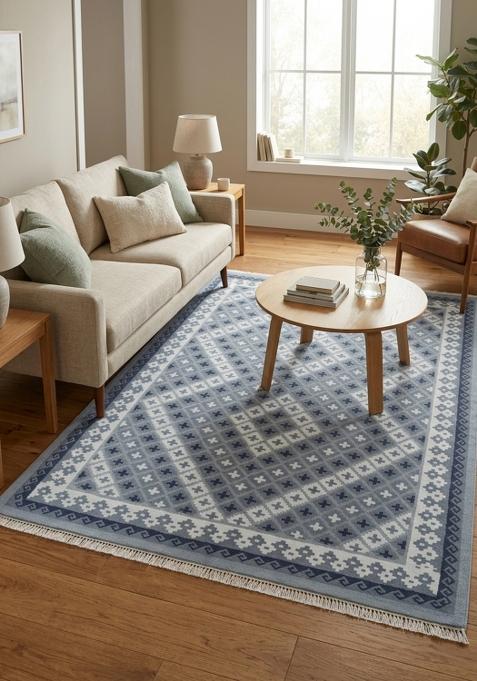 Saffron Rugs Flat Woven Steel Blue Grey Geometric Bohemian Rectangular Wool Area Rug
