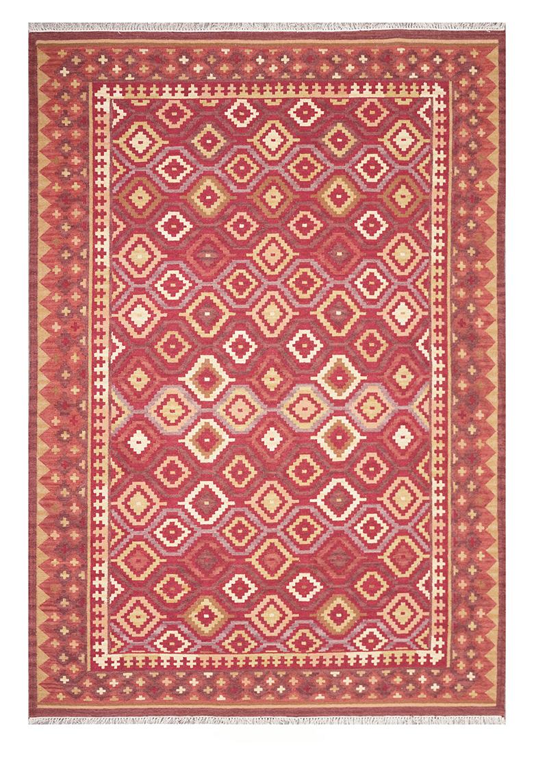 Saffron Rugs Flat Woven Rust Red Geometric Bohemian Rectangular Wool Area Rug - Indya