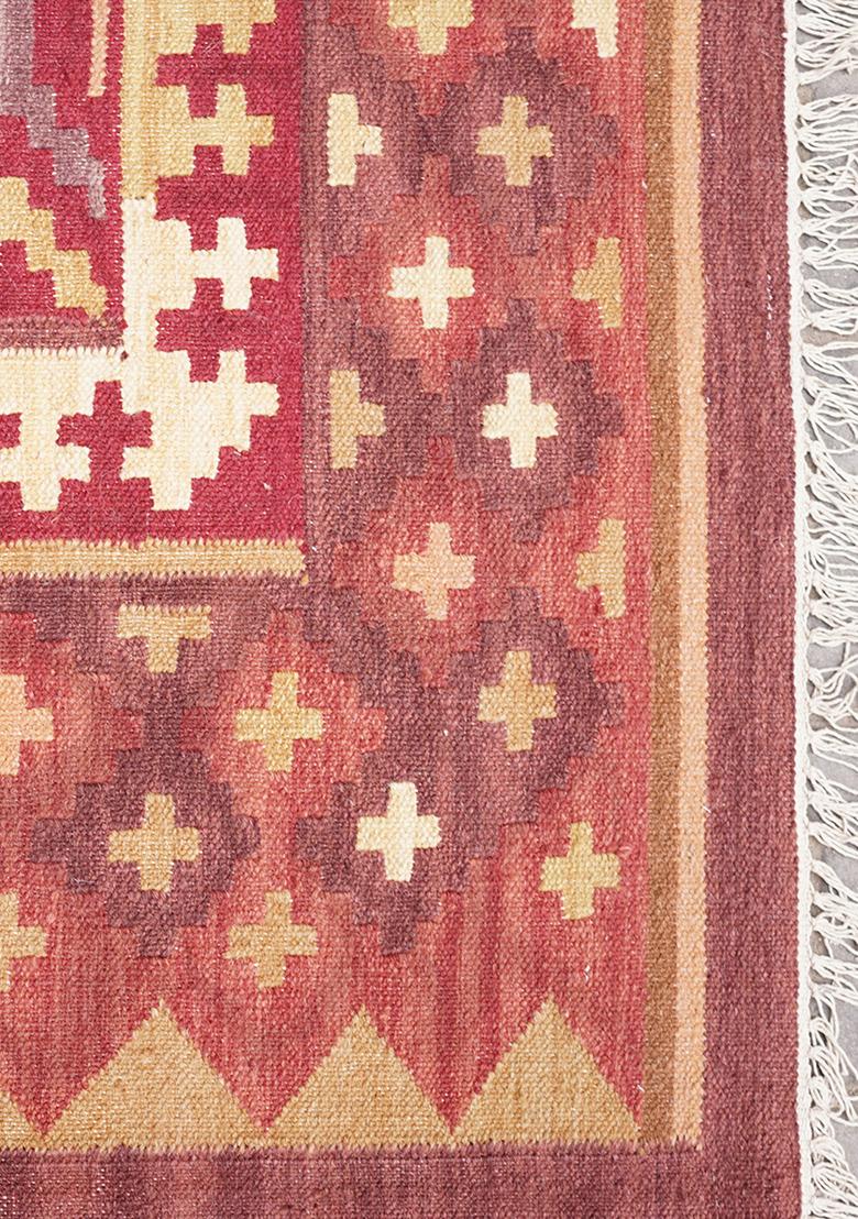 Saffron Rugs Flat Woven Rust Red Geometric Bohemian Rectangular Wool Area Rug - Indya