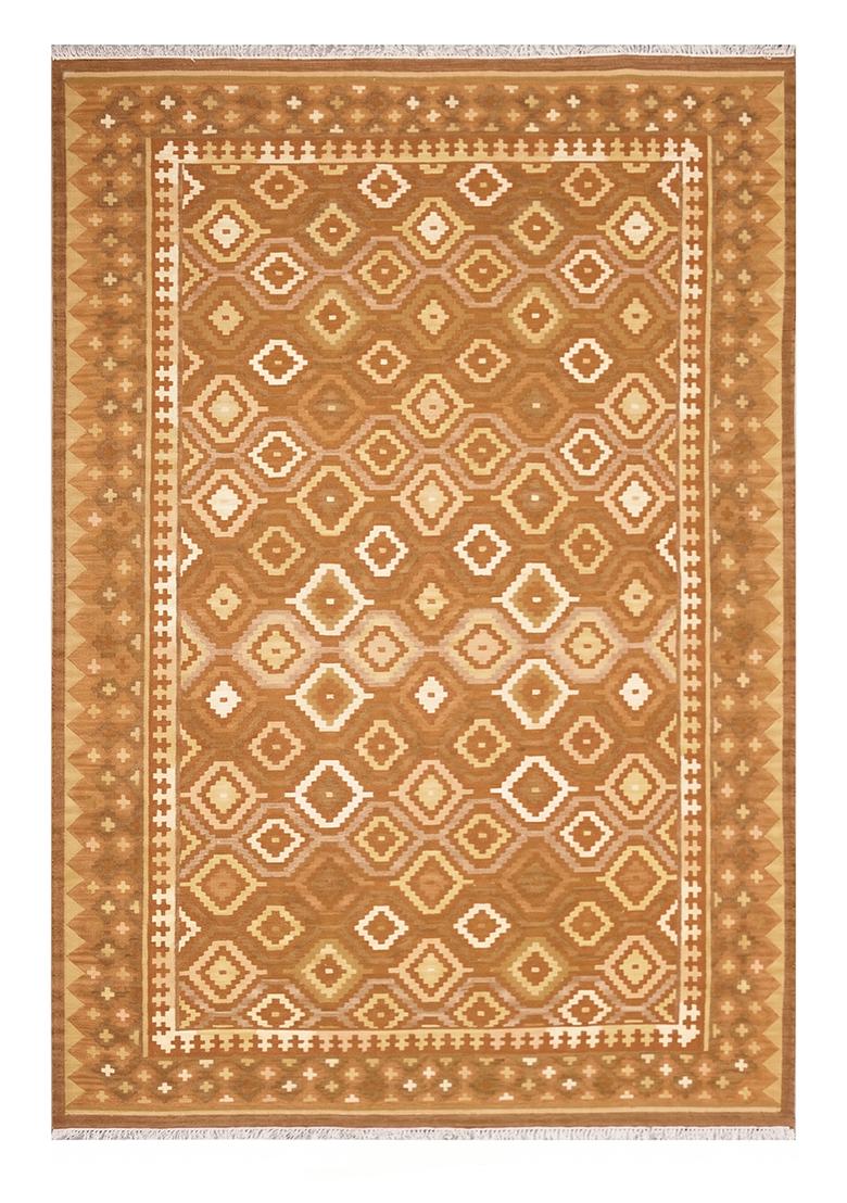 Saffron Rugs Flat Woven Warm Tan Brown Geometric Bohemian Rectangular Wool Area Rug - Indya