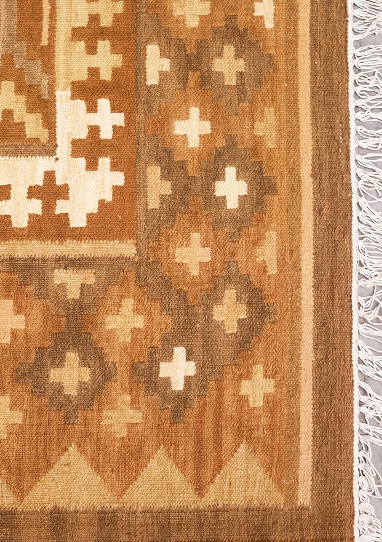 Saffron Rugs Flat Woven Warm Tan Brown Geometric Bohemian Rectangular Wool Area Rug - Indya