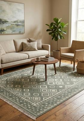 Saffron Rugs Flat Woven Sage Green Geometric Bohemian Rectangular Wool Area Rug