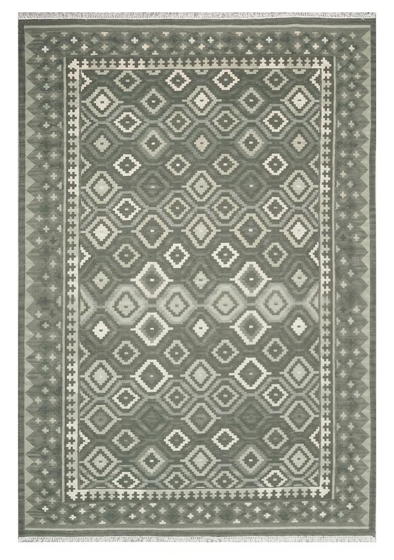 Saffron Rugs Flat Woven Sage Green Geometric Bohemian Rectangular Wool Area Rug - Indya