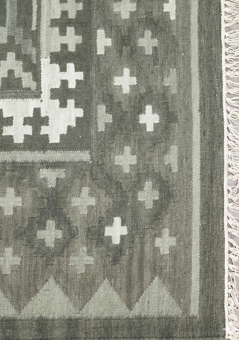 Saffron Rugs Flat Woven Sage Green Geometric Bohemian Rectangular Wool Area Rug - Indya