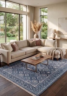 Saffron Rugs Flat Woven Steel Blue Geometric Bohemian Rectangular Wool Area Rug