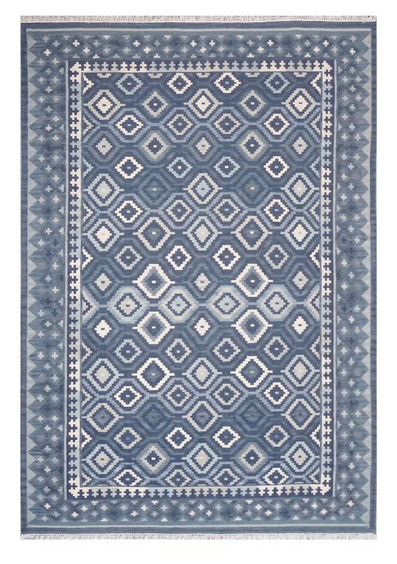 Saffron Rugs Flat Woven Steel Blue Geometric Bohemian Rectangular Wool Area Rug - Indya