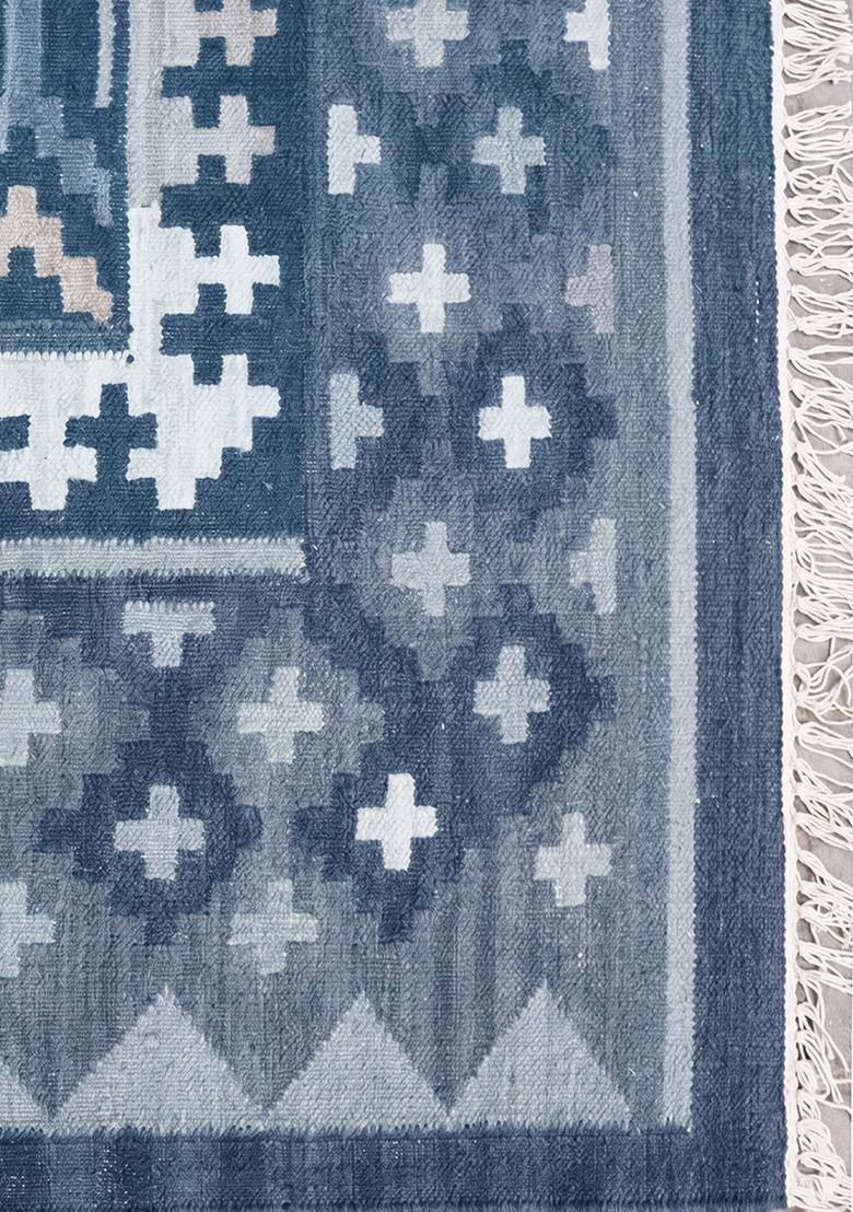 Saffron Rugs Flat Woven Steel Blue Geometric Bohemian Rectangular Wool Area Rug - Indya