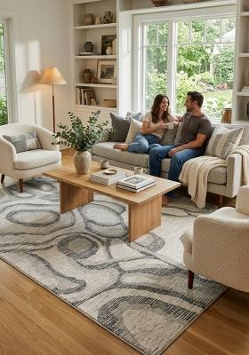 Saffron Rugs Hand Tufted Ivory Grey Swirls Contemporary Rectangular Wool Area Rug