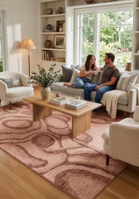 Saffron Rugs Hand Tufted Blush Pink Brown Swirls Contemporary Rectangular Wool Area Rug