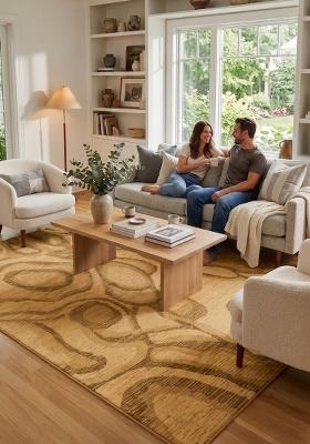 Saffron Rugs Hand Tufted Golden Tan Swirls Contemporary Rectangular Wool Area Rug