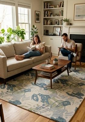 Saffron Rugs Hand Tufted Ivory Blue Leaf Coastal Rectangular Wool Area Rug
