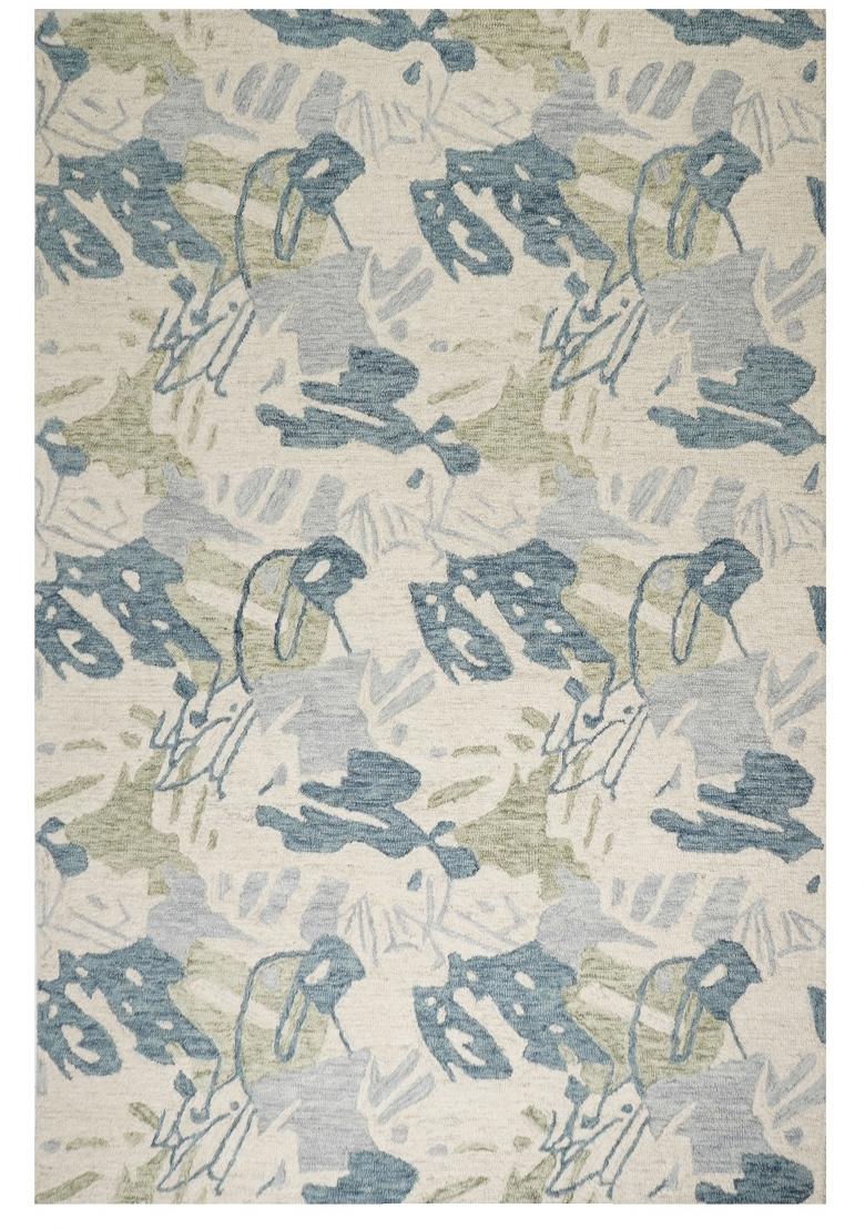 Saffron Rugs Hand Tufted Ivory Blue Leaf Coastal Rectangular Wool Area Rug - Indya
