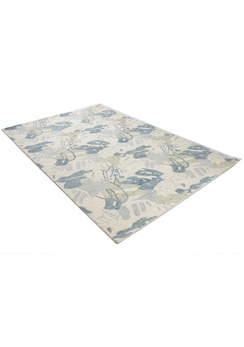 Saffron Rugs Hand Tufted Ivory Blue Leaf Coastal Rectangular Wool Area Rug - Indya