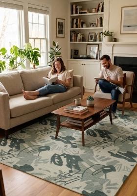 Saffron Rugs Hand Tufted Sage Green Grey Leaf Coastal Rectangular Wool Area Rug