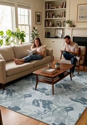 Saffron Rugs Hand Tufted Light Blue Grey Leaf Coastal Rectangular Wool Area Rug