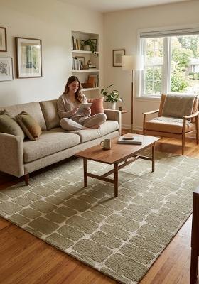 Saffron Rugs Hand Tufted Olive Tan Geometric Mid-Century Modern Rectangular Wool Area Rug