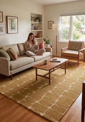 Saffron Rugs Hand Tufted Golden Yellow Geometric Mid-Century Modern Rectangular Wool Area Rug