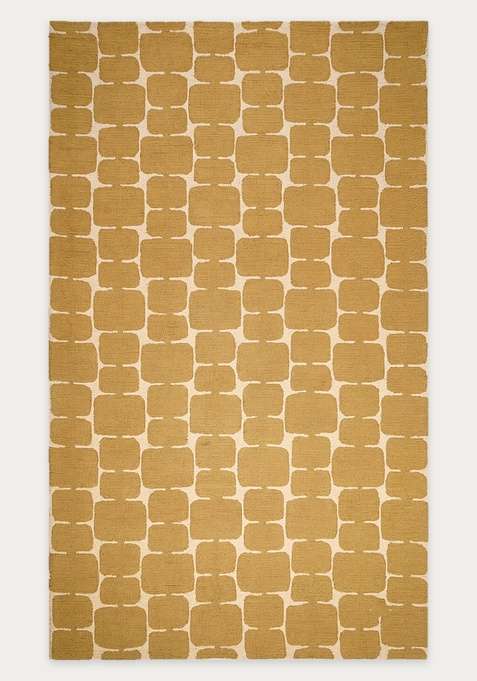 100% Wool Handmade Golden Yellow Rug | Mid Century Modern Geometric Carpet With Cotton Backing For Living Room