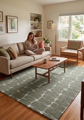 Saffron Rugs Hand Tufted Sage Green Geometric Mid-Century Modern Rectangular Wool Area Rug
