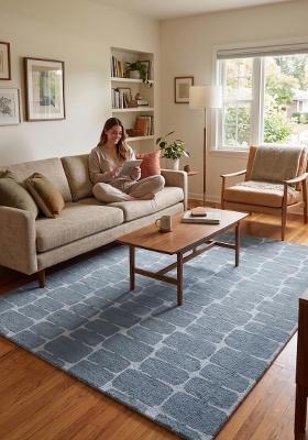 Saffron Rugs Hand Tufted Steel Blue Grey Geometric Mid-Century Modern Rectangular Wool Area Rug