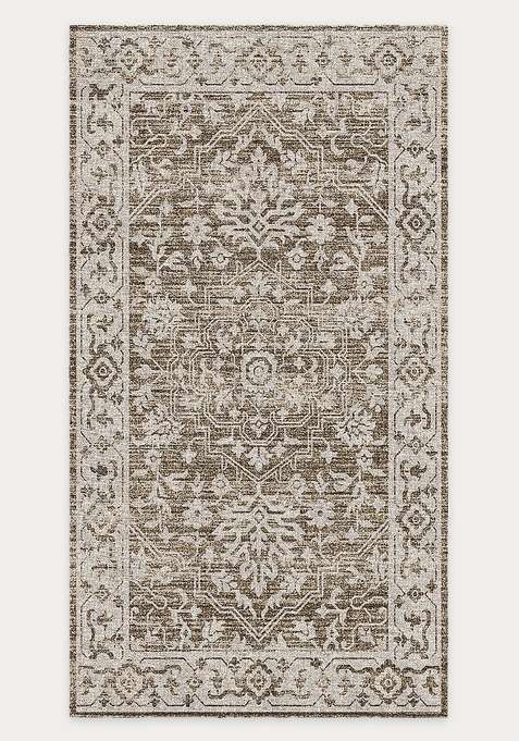 Washable Rugs Wool Blend Area Rug | Brown Ivory Oriental Floral Non Slip Carpet For Living Room