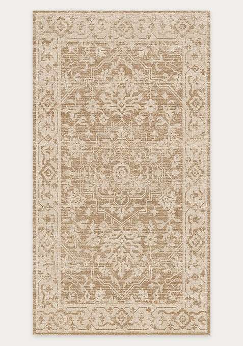 Washable Rugs Wool Blend Area Rug | Tan Beige Oriental Floral Non Slip Carpet For Living Room