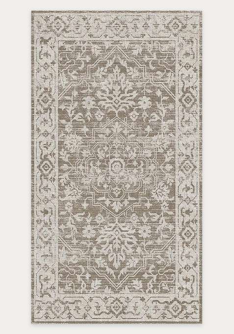 Washable Rugs Wool Blend Area Rug | Taupe Grey Oriental Floral Non Slip Carpet For Living Room